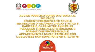 AVVISO PUBBLICO BORSE DI STUDIO A.S. 2021/2022 EROGATE DAL MIUR PER GLI STUDENTI RESIDENTI NEL COMUNE DI VEJANO FREQUENTANTI LE SCUOLE SECONDARIE DI SECONDO GRADO STATALI E PARITARIE, O FREQUENTANTI I PRIMI TRE ANNI DI UN PERCORSO TRIENNALE DI ISTRUZIONE E FORMAZIONE PROFESSIONALE, APPARTENENTI A NUCLEI FAMILIARI CON LIVELLO ISEE NON SUPERIORE AD € 15.748,78