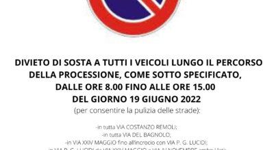 REGOLAMENTAZIONE TRAFFICO VEICOLARE PER PROCESSIONE “CORPUS DOMINI” DEL 19 GIUGNO 2022.