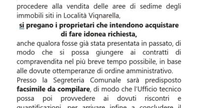 AVVISO: procedura di vendita delle aree di sedime degli immobili siti in Località Vignarella.