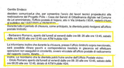 AVVISO IMPORTANTE: CHIUSURA UFFICIO POSTE ITALIANE