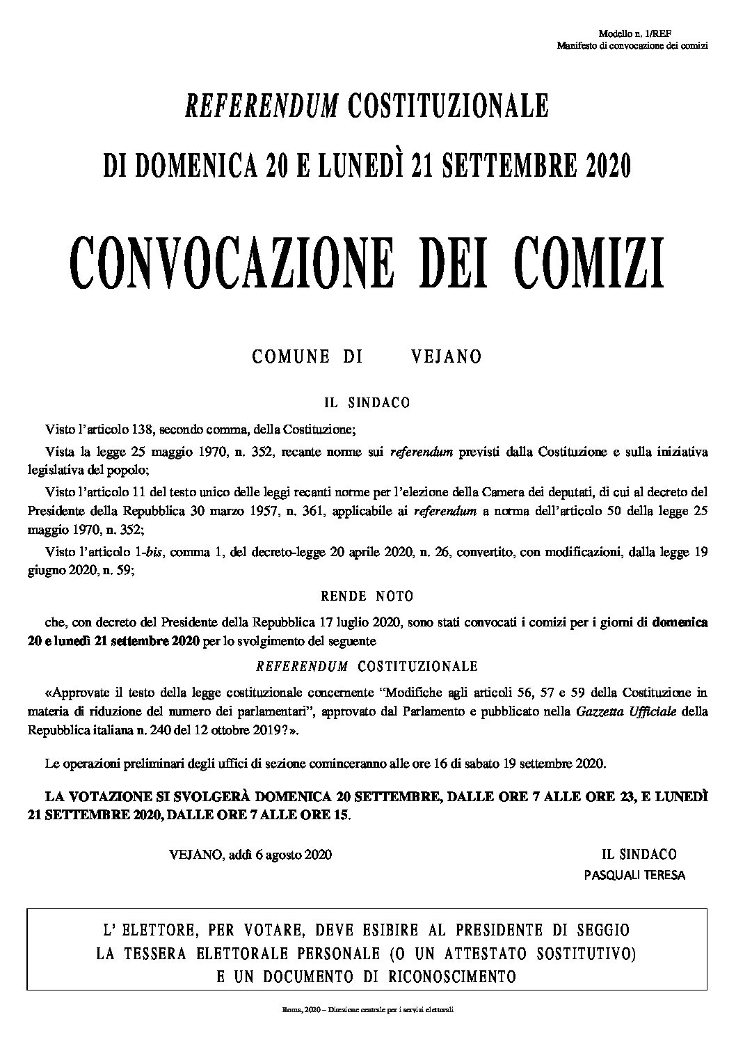 Manifesto convocazione comizi elettorali