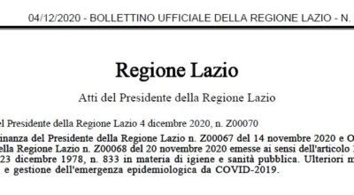 Ordinanza Regione Lazio 4 dicembre 2020, n. Z00070