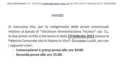 AVVISO: 19 febbraio 2021 prove concorsuali Istruttore Amministrativo Tecnico C1